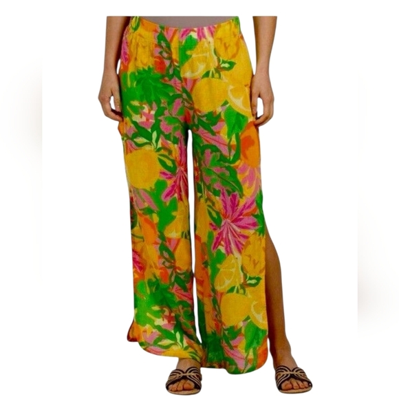 C&C California Linen Rayon Slit Leg Pants Size L Floral Beach Cover Up Wide Leg - Picture 1 of 16
